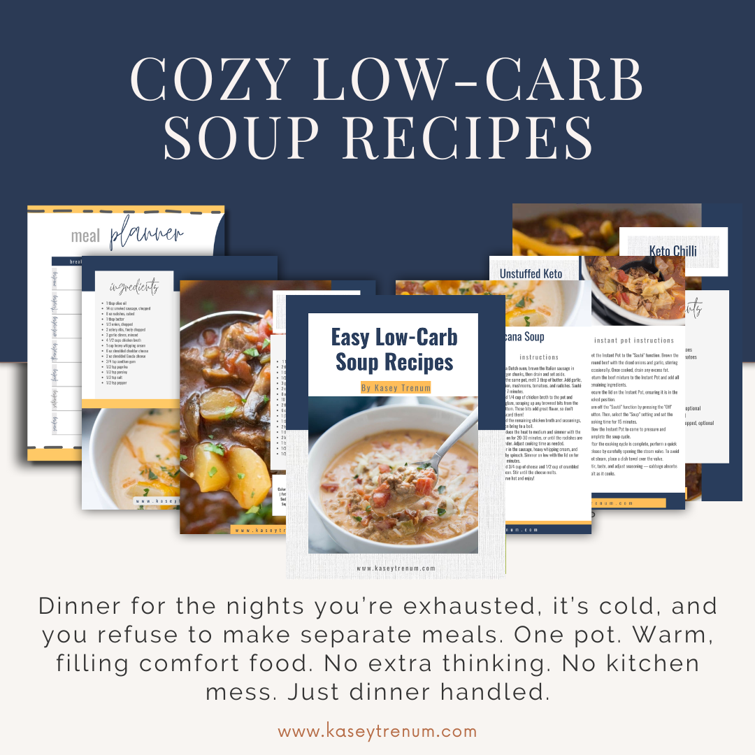 cozy low-carb soup mockup that shows several pages of the ebook and text describing it