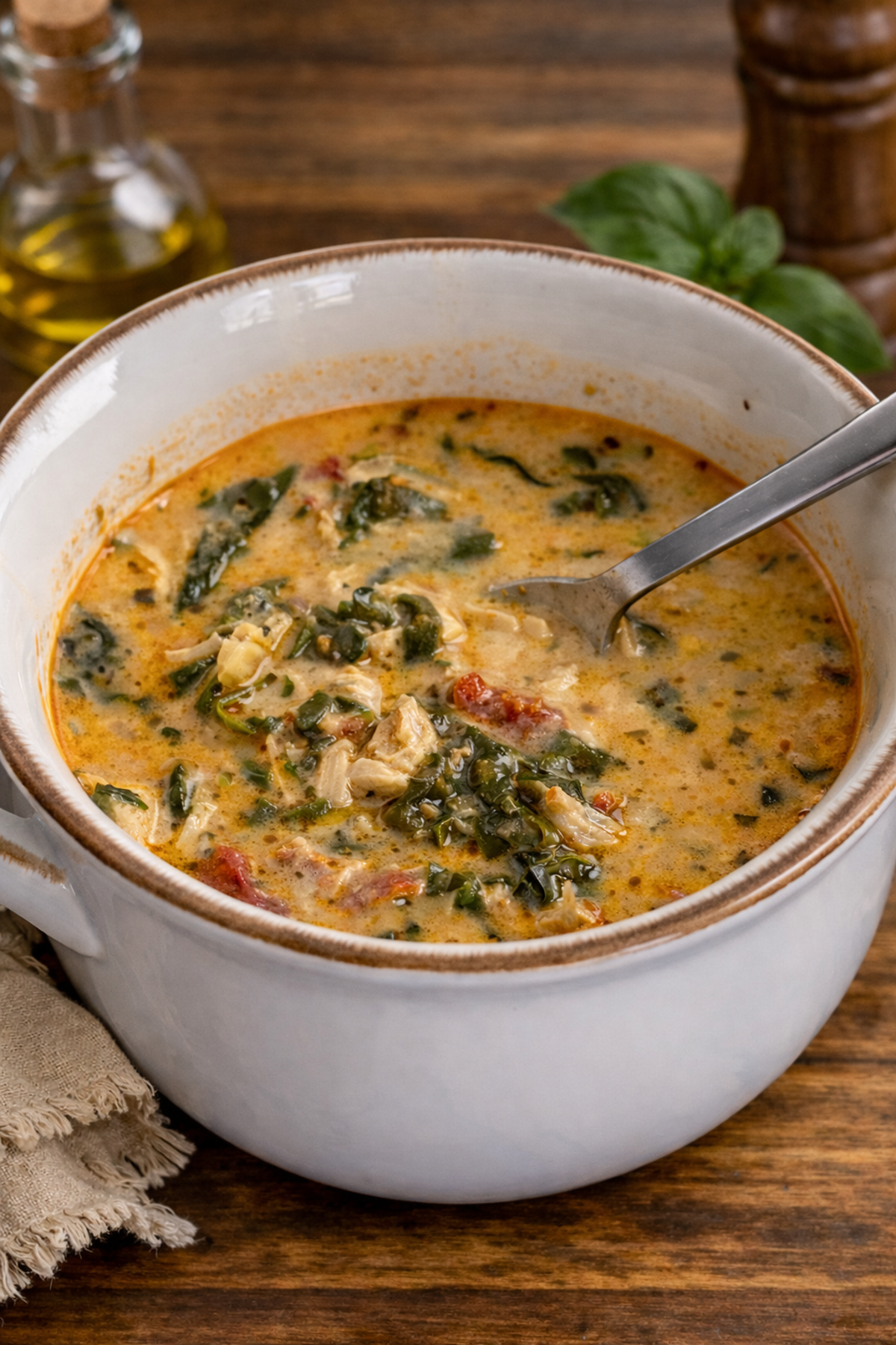 Creamy Tuscan chicken soup with spinach, sun-dried tomatoes, and shredded chicken served in a white ceramic bowl