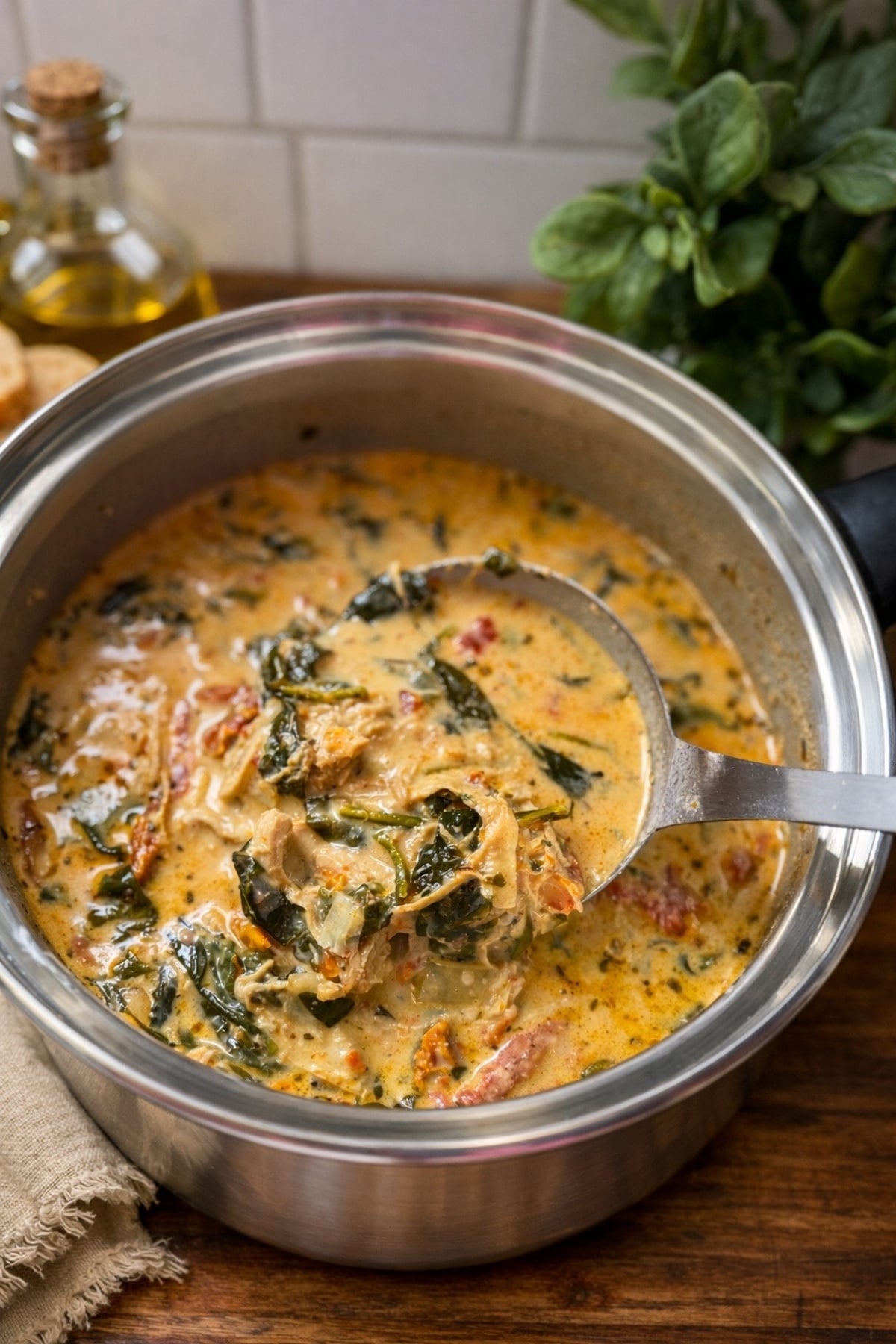 Creamy Tuscan chicken soup with spinach and sun-dried tomatoes in a stainless steel pot with a ladle