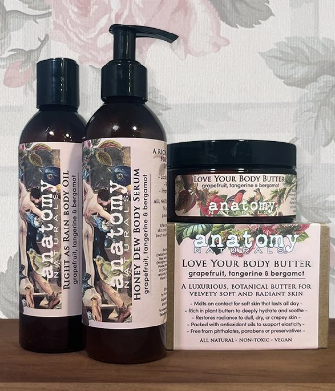 Anatomy Naturals body moisturizing bundle stock image of the 3 products with floral labels 