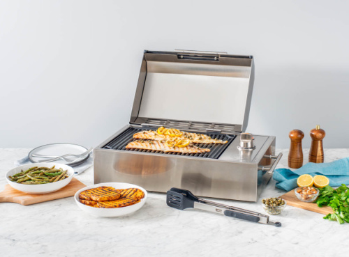 Kenyon City Grill Stock image of electric grill open lid with food displayed around it 