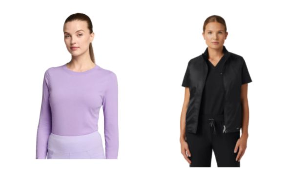 Jaanuu women&rsquo;s underscrubs and Phantom Slim Insulated Vest STOCK IMAGE COLLAGE SIDE BY SIDE