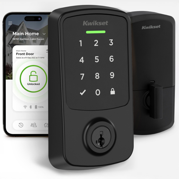 kwickset aura reach with stock image of lock and phone with app pulled up
