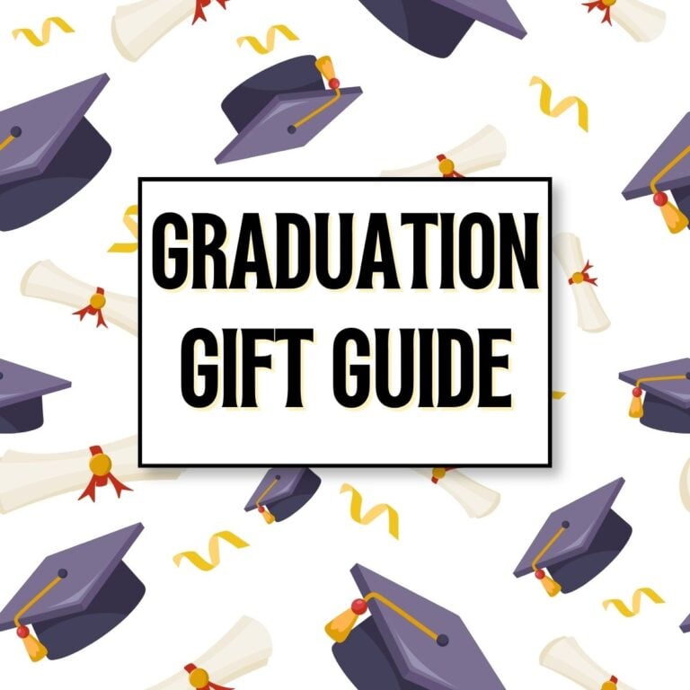 featured imnage for graduation gift guide with graduation background and a square with words that says graduation gift guide in the middle